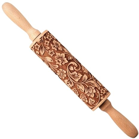Mattarello con disegno in rilievo Mattarelli per la cottura Mattarelli decorativi in legno da 13, 8 pollici con disegno floreale 3D per biscotti Pasta frolla per biscotti