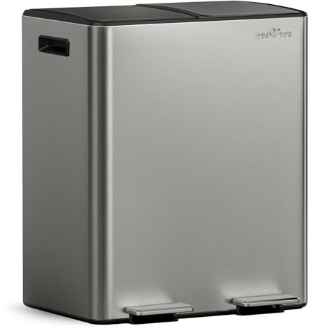 mVm Kitchen Bin,40L Dual Rubbish Bin,2 x 20L Stainless Steel Pedal Bin,Double Recycling Bin with ABS Lids and Plastic Inner Buckets,Soft-Close,Fingerprint Proof,Odour Seal,Large Capacity Trash Can