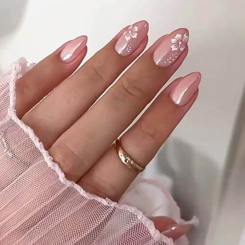 Ceboic 30PCS Press on Nails Kurz Mandel, Rosa Blumen Nägel zum Aufkleben, Gradient Acryl Fake Nails, Natürlich French Künstliche Fingernägel, Glänzende Full Cover Kunstnägel zum Aufkleben für Frauen