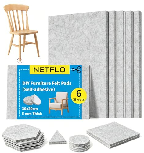 NETFLO Filtglidare, självhäftande filt för stolar, för tillskärning, 12 stycken, 16 x 20 cm – 5 mm, extra stark, ljuddämpande, reptålighet för stolar och tunga möbler, högkvalitativ nålfilt, golvskydd