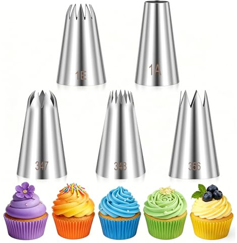 Uppsättning av 5 spritstyllar i rostfritt stål, återanvändbara professionella munstycken för spritpåsar, extra stora tyllar set för kakor, tårtor, cupcakes, kakdekoration (1A, 1E, 347, 348, 356)