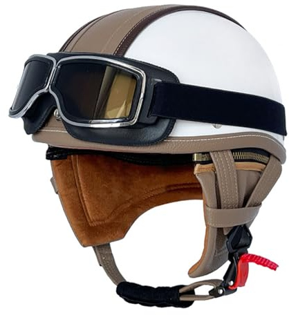 KKVGP Casque Jet Moto Vintage avec Lunettes Cuir Casque Bol Casque Mobylette Homologué ECEDOT Rétro Demi Casque Moto Vélo Scooter Chopper pour Adultes Homme Et Femme(8,S=55~56cm)