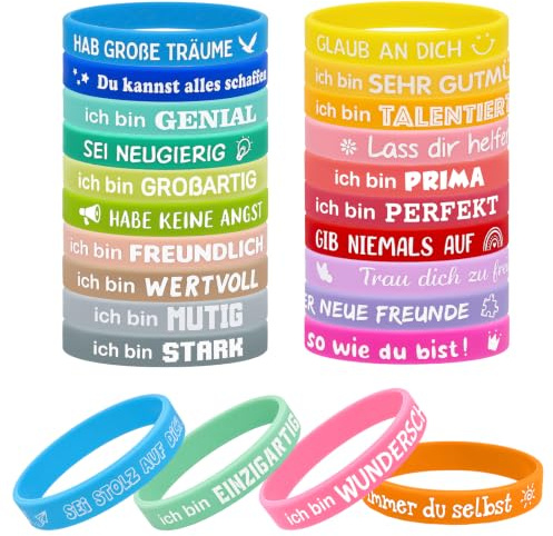 MAJOYLIFE 24 Motivationsarmbänder 18cm/20cm Silikon mit positiven Sprüchen | 1,2 cm Breite, weiches Silikon,12 aufbauende Sprüche,12 Farben, perfekt für Klassen-Geschenke,Geburtstage und Schulanfang