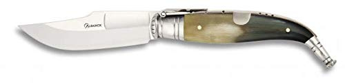 Navaja Clasica Nº 0 Mango de Asta Toro Hoja de Acero INOX inoxidable de 7,5 cm para Camping, Caza, Pesca, Supervivencia y Bushcraft Albainox 01020 + Portabotellas de regalo