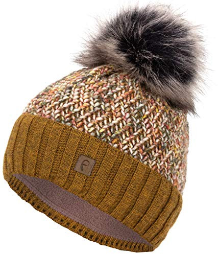 Faera Wintermütze Mütze Damen gefüttert mit Kunstfell Bommelmütze Bommel Fleecefutter Winter Strickmütze Beanie Mädchen, Farbe:Senf