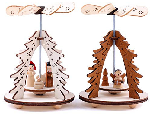 BRUBAKER 2er Set Weihnachtspyramide Tannenbaum - 2 Motive: Engel/Christi Geburt mit Maria, Josef und Jesuskind - Holz Tischpyramiden je 11,5 cm - handbemalte Figuren