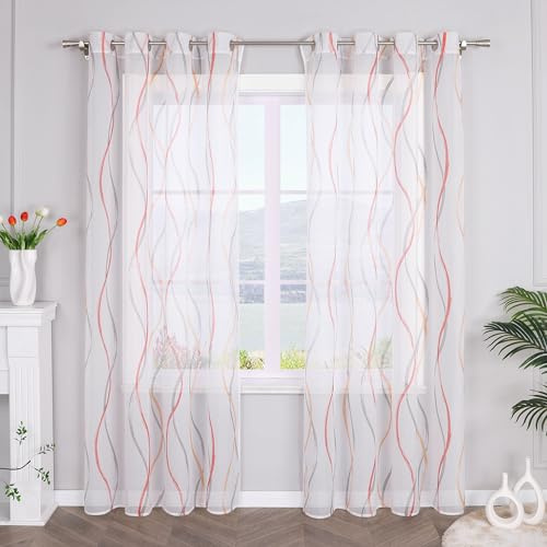 SCHOAL Transparente Gardine Schal mit Ösen Modern Vorhang Voile Wellen Muster 1 Stück BxH 140x145cm Orange