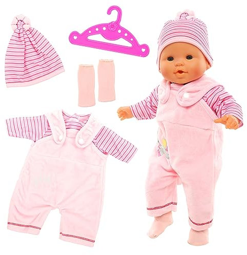Miunana Kleidung Bekleidung Outfits für Baby Puppen, Puppenkleidung 35-43 cm mit Kleiderbügel Socken, T-Shirt Latzhose mit Hut (Pink)