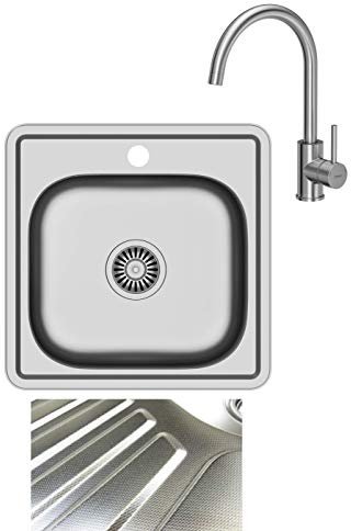 VBChome Einbauspüle mit Armatur 48x48 Leinenstruktur ab 45er Unterschrank Edelstahl Küchenspüle Spüle Ablagefläche Abtropffläche eckiges Camping Ablaufgarnitur Siphon Wasserhahn Inox Edelstahl