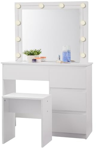 EUGAD Schminktisch mit Beleuchtung und Hocker, verstellbare Helligkeit, Schminktisch mit großer Spiegel, Frisertisch mit 4 Schubladen, 90x40cm, Modern für Schlafzimmer, Weiß, 0029SZT