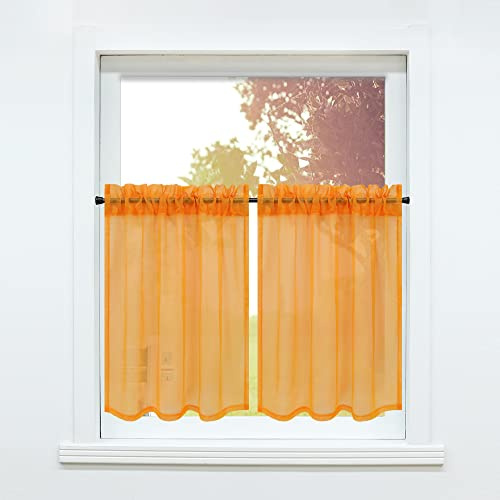 SCHOAL Scheibengardine mit Tunnelzug/Kräuselband 2 Stück Gardinen Küche Set Bistrogardinen Voile Stores Fenstergardine Uni Orange BxH 66x92cm