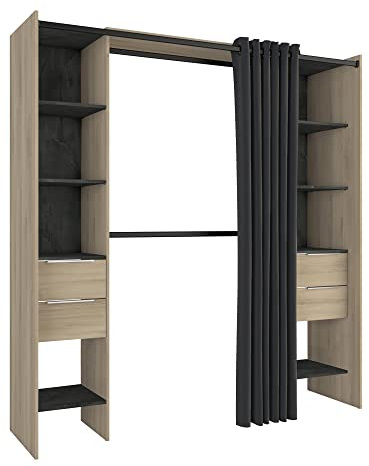 habeig Kleiderschrank, begehbar, offen, Garderobe, Schrank, Regal, Schublade, Kommode, Vorhang, Kleiderstange, Schlafzimmer (#205817 Braun + Schwarz)