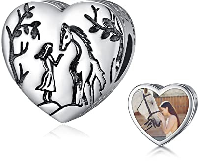 LONAGO Personalisierter Foto Charm 925er Sterling Silber Schmetterlings Pfau Pferd mit Mädchen Perlen Charm für Charm Armbänder