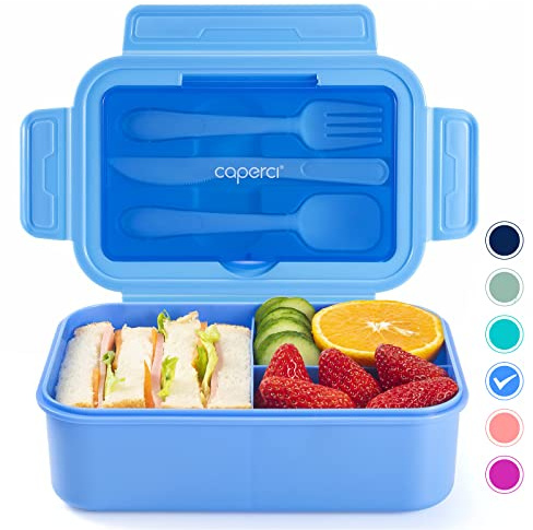 Caperci Classic Bento Lunch Box for Adult & Older Kids - Leakpoof 47 oz 3-Compartment Lunch Containers for Adults and Teens, Built-in Utensil Set, Ideal for On-the-Go, Blue