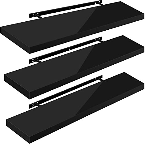 WOLTU Wandregal, Schweberegal Hochglänzend Schwarz,110x22,9x3,8cm 3er,MDF | Wandregal Set von 3 für Büro, Wohnzimmer, Schlafzimmer, Küche,mit Metallhalterung,unsichtbare Montage