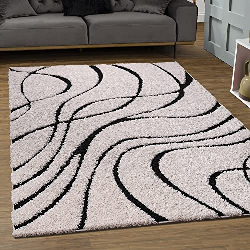 SANAT Wohnzimmer Teppich - Luxus Shaggy Nicht-schuppend Teppich, Wohnzimmer Schlafzimmer Esszimmer Eingangsbereich Teppiche, Schwarz Creme 200 x 280 cm