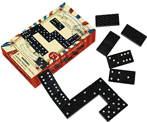 Offelec Wooden Double 6 Domino Set - 28 Tiles Black Dominoes for Kids, Adults, and Family Games Night | Ideal for 2-4 Players | Perfect for Classroom, Party, Travel, and Gifting | Classic Board Game