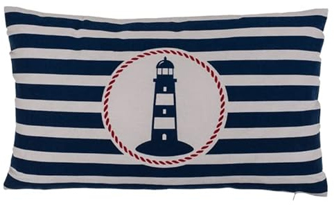 Seaside No.64 - Maritimes Kissen mit Leuchtturm für Couch, Bett, Boot, Terrasse - blau und weiß/Creme gestreift - in der Größe 30cm x 50cm - mit Reißverschluss - waschbar bei 30°