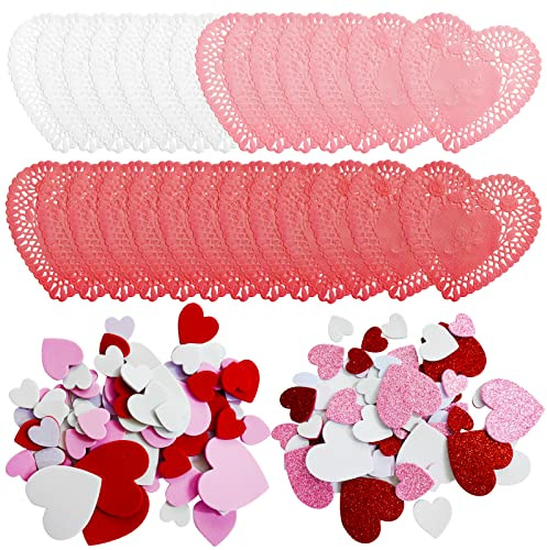100 PCS Heart Doilies,2 Bags Foam Heart Stickers,Valentines Day Crafts Set for Valentines Day Decor Decoration Gifts