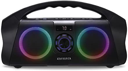AIWA Portable Boombox - Waterproof Bluetooth Speaker, Rechargeable Wireless Boombox with Multi Color LED Lighting and Digital Display, AUX Input and Carry Handle, 15 Hour Playtime