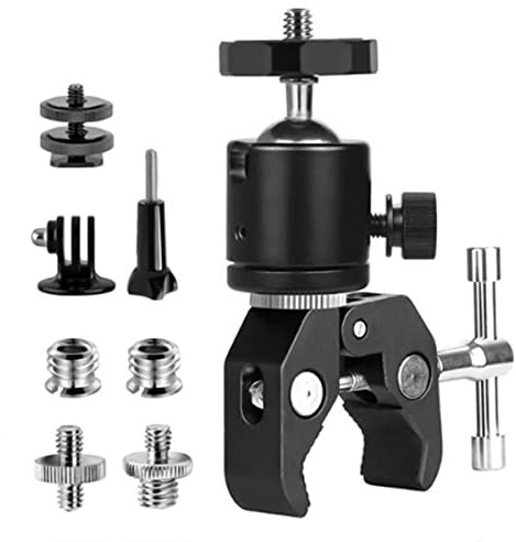 FAEFTY Super Clamp with Ball Head, Camera Mount Clamp with 1/4 3/8 Thread Adapter for Cameras, Flash Light, Tripod, LCD/DV Monitor, LED Light