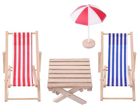 Cobee Miniature Dollhouse Beach Chair,4pcs 1:12 Beach Miniature Dollhouse Decoration Outdoor Accessories Mini Doll Twin Deck Chairs,Umbrella,Table for DIY Garden Plant Pool Cake Furniture Decor