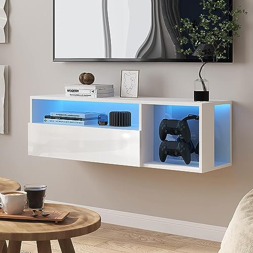 soges Supporto TV mobile con luci a LED, tavolo TV montato a parete con gestione dei cavi, console multimediale con porta, bianco