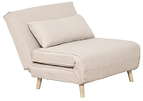 HOMCOM Poltrona Letto Singolo 3 in 1 con Schienale Regolabile in 6 Livelli e Cuscino, Divano Letto Singolo Pieghevole per Camera da Letto e Soggiorno, in Tessuto e Legno, 94x78x80 cm, Beige