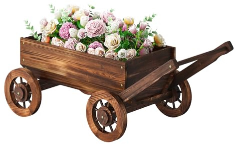 PULIJIAJU Wooden Wagon Garden Planter Cart with Wheels Rustic Flower Pot – Indoor Outdoor Patio Backyard Balcony Decor for Succulents, Flowers and Plants（Carbonized-L