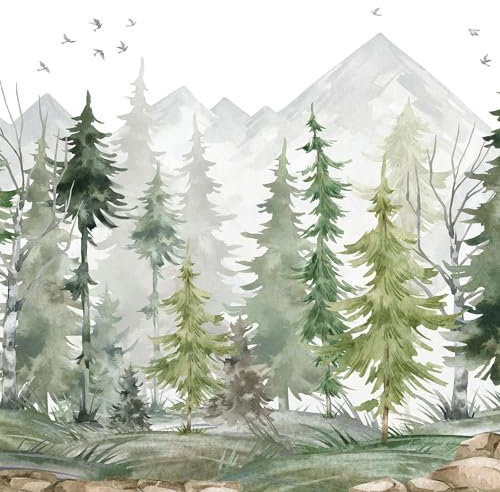 UNIK Nordic Vliestapete BxH: 300x250 cm mit Kinder und Baby XXL Wald Motiv, Kindertapete mit Tannenwald Aquarell Design, Fototapete für Kinderzimmer, Premium Foto Tapete mit 180g/m2 Stärke