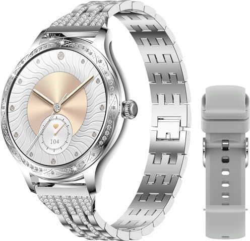 Damen Smartwatch mit Anruffunktion Elegant Fitness Armband Damen mit Blutdruck Herzfrequenz Kalorien Schlaftracker Sprachassistent Diamant Frauen Sportuhr für iOS Android Rosegold Silber