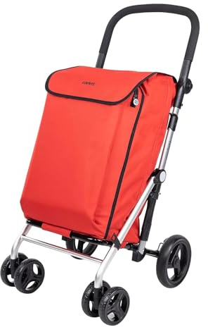 Carlett - Pack Lite Family | Chariot de Courses + Crochet Cadeau | Chariot Pliable pour Supermarché | 4 Roues | Léger | Poignée Réglable et Frein | Sac Extensible 58L | Sac Isotherme 12L | Rouge