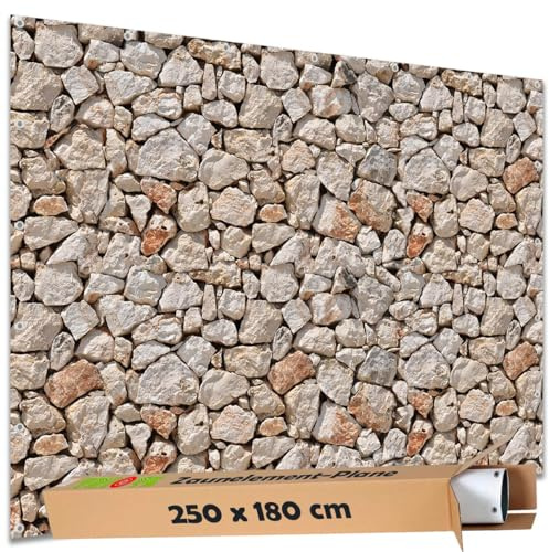 TRIOSK Sichtschutz Garten Deko Zaun Plane Blickdicht groß mit Zaunblende Motiv Bruchstein Mauer Optik Hell für Zaunelement Doppelstabmatten Stabmattenzaun Gartenzaun PVC 250x180 cm