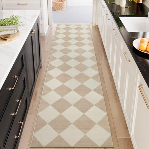 Beeiva Checkered Print Long Hallway Runner Rug Non Slip, Beige Ultra Thin 2.5x10 Washable Runner Rug, Moroccan Trellis Home Decor Faux Wool Neutral Carpet for Bathroom Kitchen Hallways, 10ft