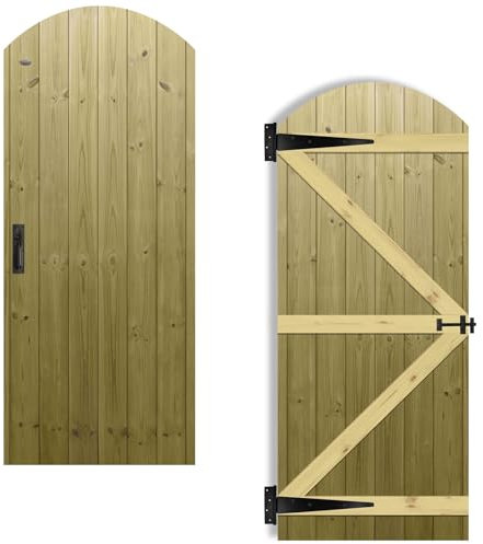 Arch Top Wooden Garden Gate 6x2.5ft - Tongue & Groove Semi-Braced Treated Timber Door + Suffolk Latch Hinge Pack, H:6ft x W:2.5ft Ideal for Outdoor Pathway Home Access (High: 180cm x Wide: 75cm)