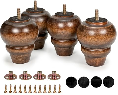 Vilanca 10cm Wooden Furniture Legs Set of 4 Sofa Replacement Brown Round Solid Wood Furniture Feet for Armchair Couch Cabinet Dresser Ottoman TV Stand Bed Legs with Mounting Plates Screws