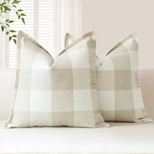 Sungeek Housses de Coussin à Carreaux Buffalo 50 x 50 Lot de 2 Lin Tartan de Noël Carrées Décoratives avec Bord Cousu pour Canapé Fauteuil Lit Salon 20x20 Pouces (Beige)