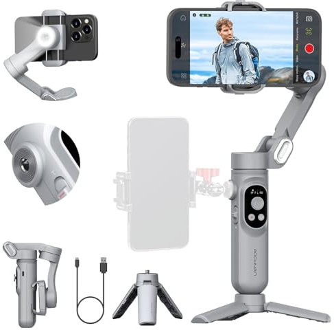 AOCHUAN Gimbal Stabilizer for Smartphone,3-axis Gimbal Anti-Shake for iPhone 15/14/13 Pro Android w/Built-in LED Light,1/4 Threads,Portable Phone Gimbal Vlogging for TikTok,Live-Stream-Smart X Gray