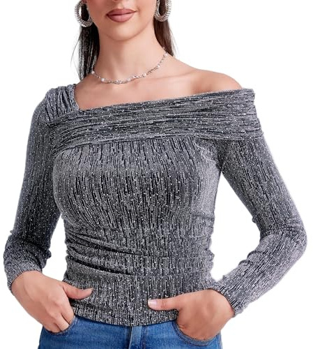 MISS MOLY Damen Pailletten Oberteil Langarmshirt Festliche Glitzer Slim Fit Tops Party Clubwear Bluse Cocktail