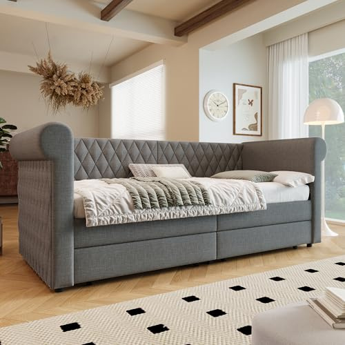 Soweiz Gepolstertes Schlafsofa mit Lattenrost und Stauraum, geeignet für Kinder, Gäste und Jugendliche, 90 x 200 cm (Grau Linen)