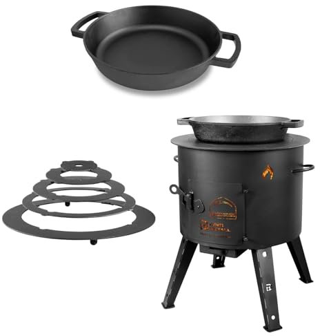 Ø44cm Uchag 2mm stahl Utschak mit Adapter-Ringe Ø36cm Gusseisenpfanne Bräter Schmortopf zwei Griffe Utschag Feldküche Feuerstelle Campingofen Außenküche Eintopfofen
