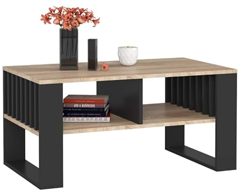 BDW - Tavolino da caffè – Tavolo da divano con ripiani aperti, ripiano – 92 x 45 x 53 cm – Tavolino basso – Soggiorno moderno – Tavolo da pranzo – Cassapanca – Legno (rovere Sonoma/nero)
