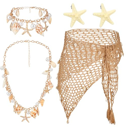 XEPST 5 st sjöjungfrudräkt för kvinnor – siren kostym tillbehör set med sjöjungfru sarong virkad kjol täcka upp sjal sjöstjärna hårklämmor snäcksmycken för halloween kostymer cosplay karneval