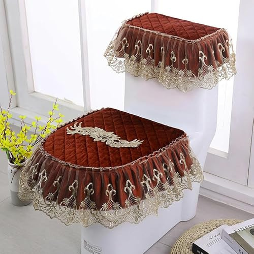 JSFZM Toilet seat Covers Lace Embroidery Toilet Lid Covers, 3pcs/Set Lace Embroidery Gold Rose Flower Soft Toilet Lid & Tank Covers Toilet Seat Cover Pads Toilet Seat Cushion Pads Zipper -Typ(Red)