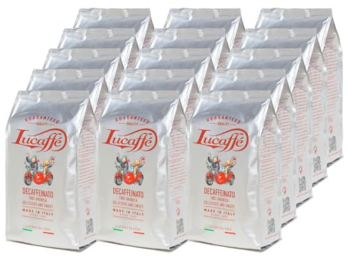 Lucaffé - Café grain Decaffeinato, 15 sacs de 700 Gr | grain de café décafeiné pour expresso machine a cafe grain | Torréfaction foncé | Goût doux et fruité, crémeux | Arôme intense