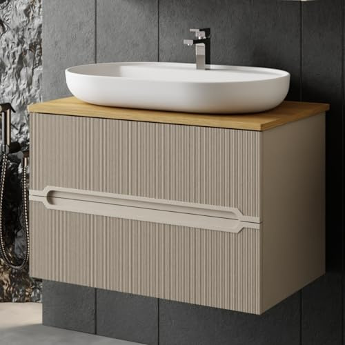 Karen Waschtisch mit Unterschrank Bella | Keramikwaschbecken | Unterschrank | Badmöbel | Aufsatzwaschbecken | Konsolenwaschtisch | Kaschmir Beige | Badezimmer | Riffel (Bella 80 mit Konsole Eiche)