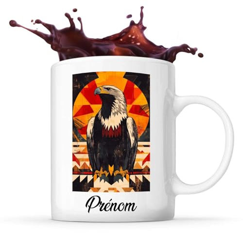 Planetee Tasse Aigle Prénom Personnalisable Vintage Aigle en Tampon Ancien avec Motifs Géométriques Abstraits, Moderne et Lumineux. | Mug Original Customisable