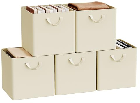 WOLTU Faltbare Aufbewahrungsboxen 5 Stück, mit Griffen,Creme, 32x32x31cm | Stoffboxen,Metallrahmen,Aufbewahrungswürfel für Wohnzimmer, Schlafzimmer, Arbeitszimmer, Mehrzweck