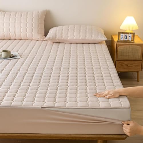 DSSHENGDS Personnalisable Fermeture éclair Housse Matelas avec,Housse Protection Matelas Respirant et Silencieux,Surmatelas Amovible Lavable Matelassé -Off White- 140x190+25cm