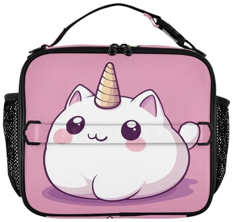 LFICRTAN Lunch Bag Cat with Unicorn Horn Kids Boys Girls Cooler Insulated Lunch Box Two Way Handle Tote Waterproof Picnic Meal for School Office